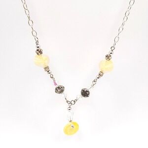 Silver Tone Y Necklace Yellow Lucite Beads Dangle 26in